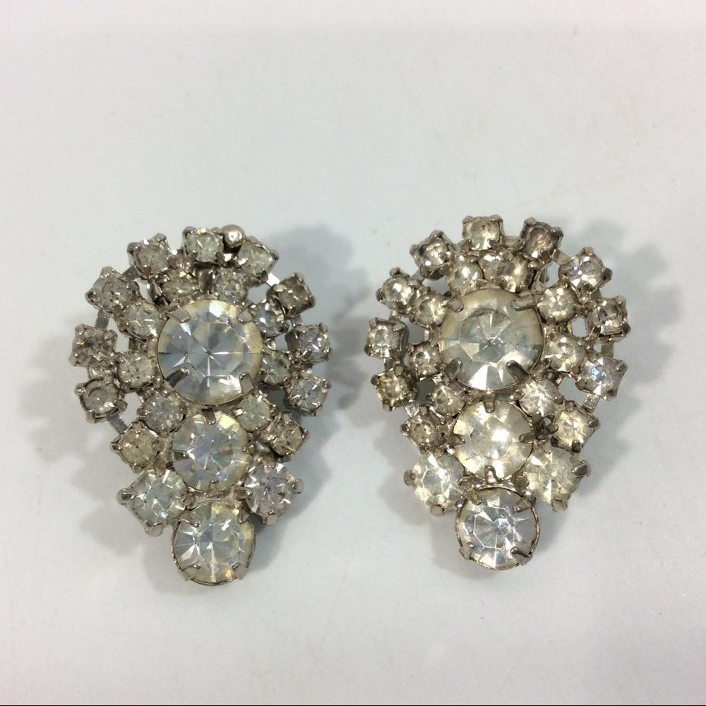 Vintage Garne Clear Rhinestone Clip On Earrings Mid-Century New York